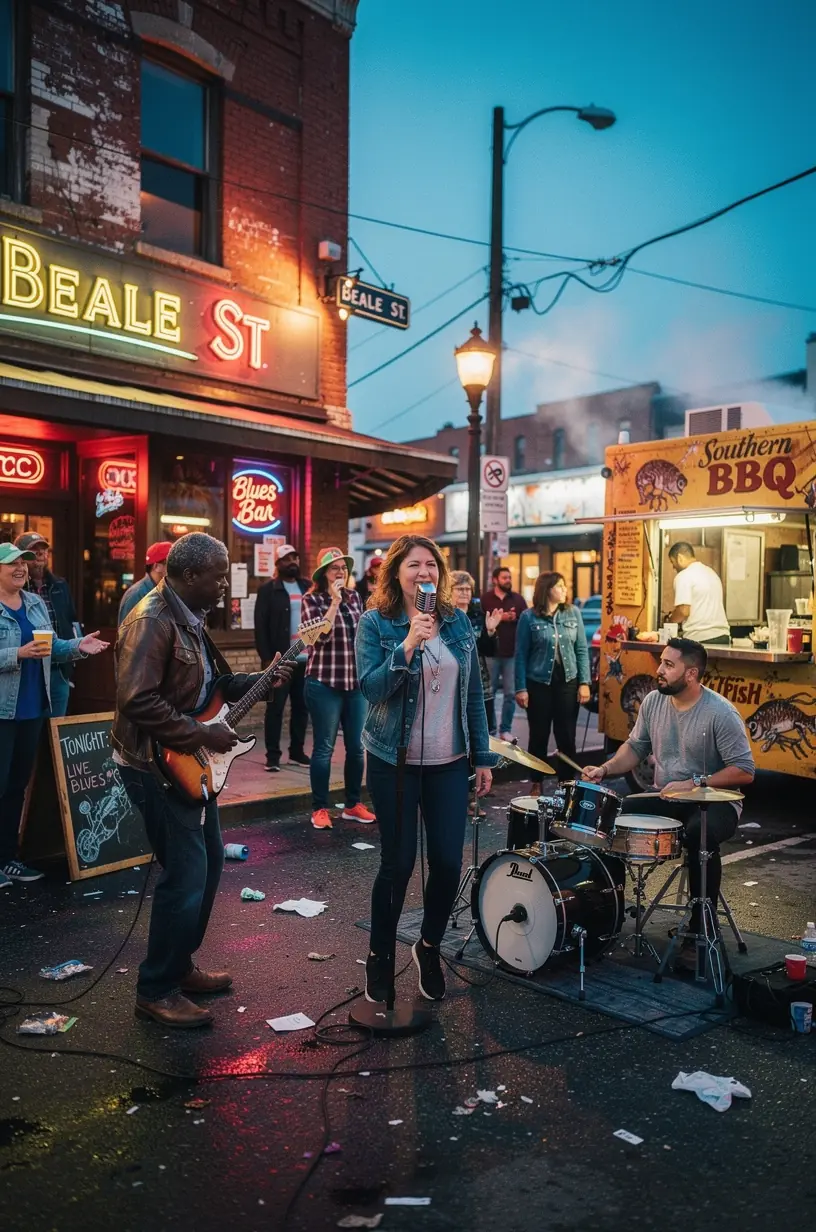 Vintage neon sign of a famous blues club glowing at dusk on a bustling Southern city street